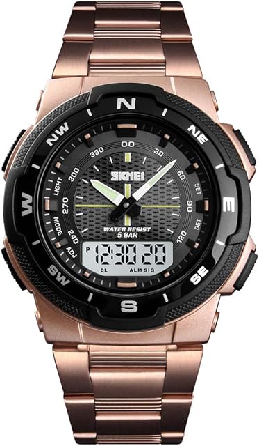 TONSHEN Mens Fashion Luxurious Analog Quartz Digital Watch 50M Waterproof LED Electronic Double Time Plastic Case with Stainless Steel Band Outdoor Military Multifunction Sport Watches