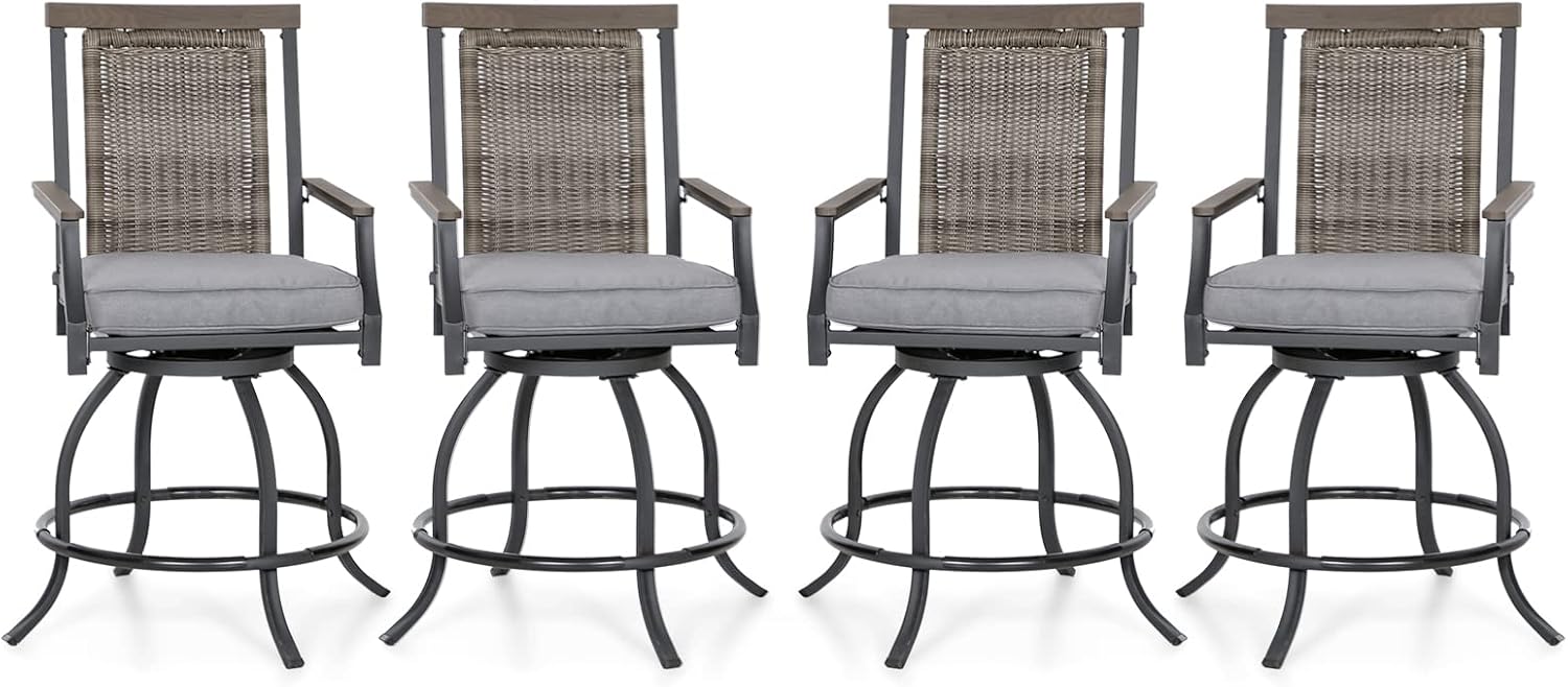 Sophia and William Swivel Patio Bar Chairs, Set of 4, Counter Height, Rattan Back and Grey Seat Cushion, High Back Design for Garden, Lawn, and Backyard