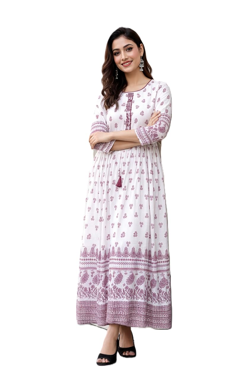 Women's Cotton Blend Long Anarkali Kurti for Women – Breathable 3/4 Sleeve Printed Ethnic Dress Gown for Casual & Office-picture-20