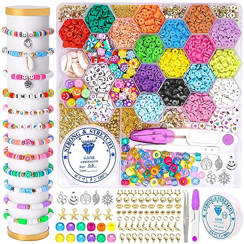 DIYDEC 2898 Pcs Clay Beads Bracelet Making Kit, 17 Colors Flat Round Clay Beads for Jewelry Making with Heart Letter Polymer Bead for Necklace Earring DIY Craft