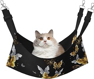 Hamaca ajustable para gatos con mariposas, color dorado y blanco