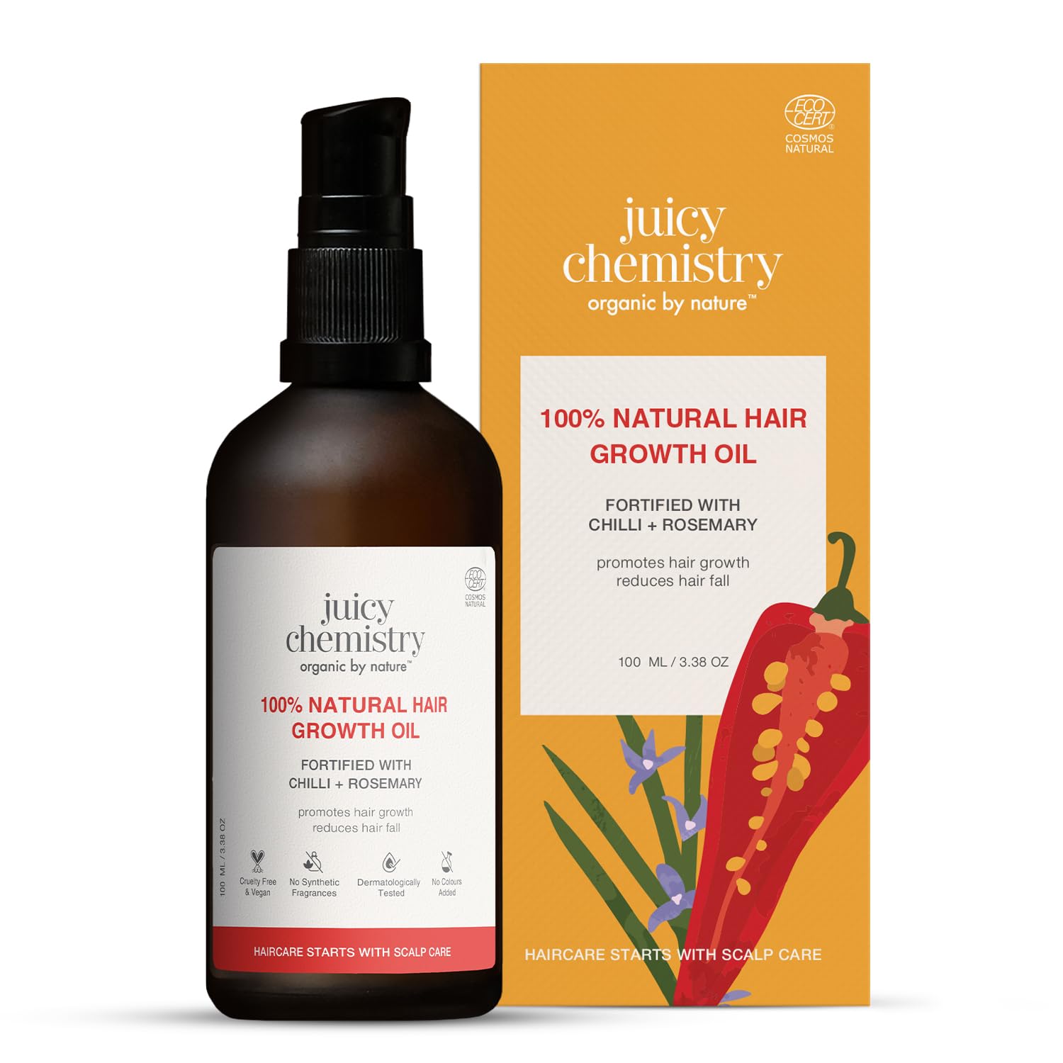 Juicy Chemistry Chilli, Horsetail & Blackseed, 100 ml | Enriched with Rosemary Oil & Kalonji Oil to Control Hair Fall | Clinically Proven with Natural DHT Blockers for Men & Women | For Healthy Hair, Scalp Nourishment & Hair Growth | Dermatologically Tested