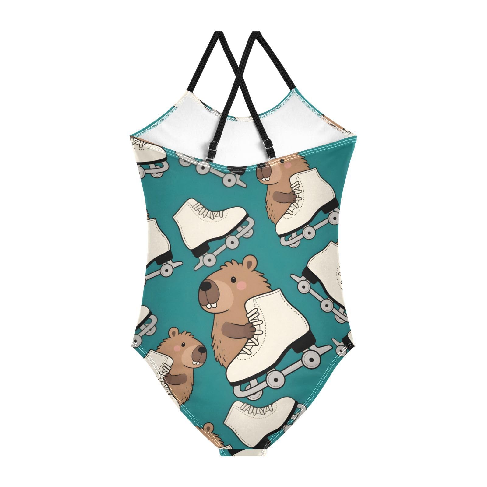 senya Girls Swimsuits Capybara Roller Skates One-Piece Swimwear Quick Dry Girls Bathing Suits for 9-10 Years Old Multicoloured