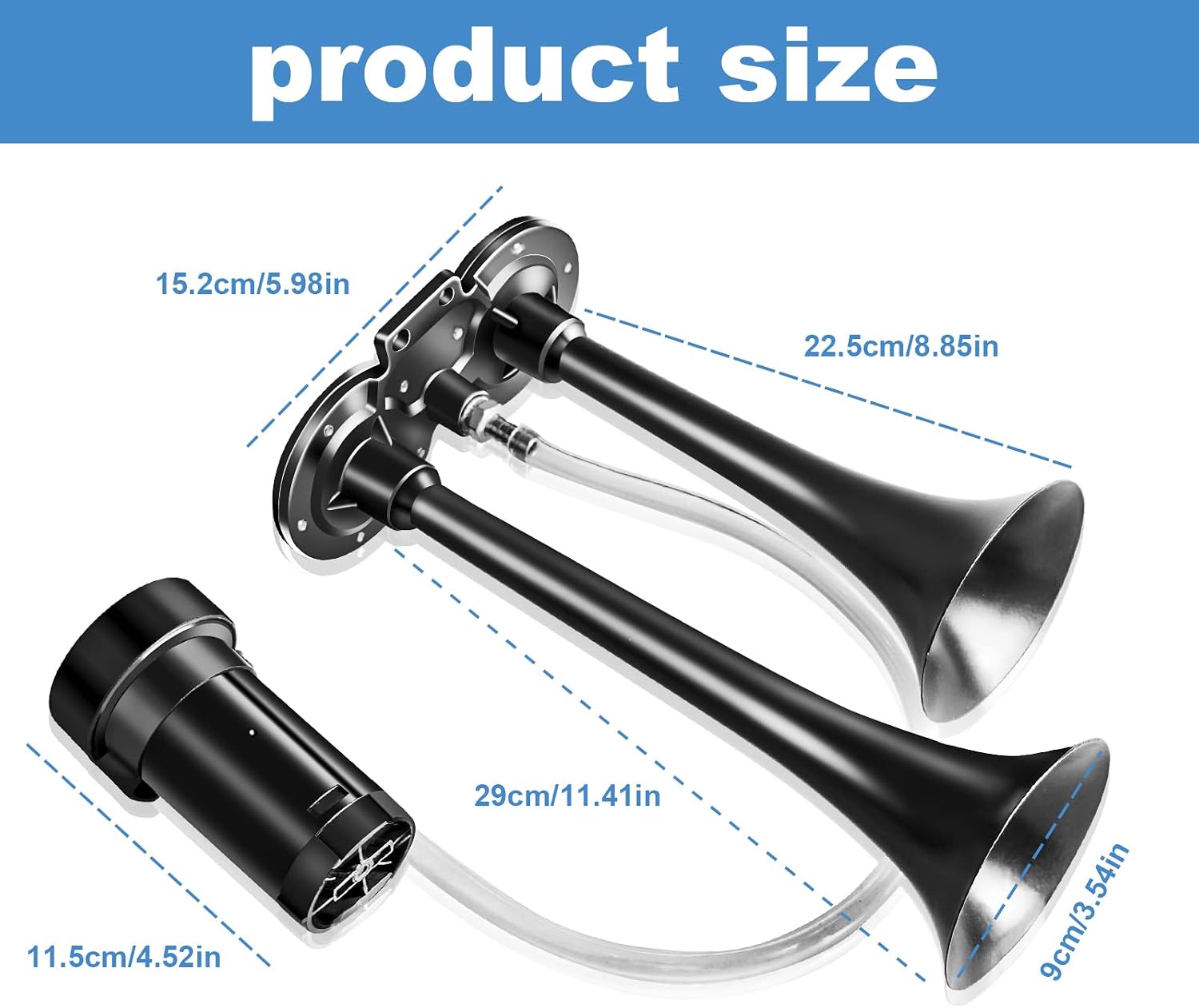 150DB Air Horn kit,Super Loud Dual Train Trumpet kit with 120 PSI Air Compressor Compatible with 12V Cars Trucks Trains Vans Boats 2 In 1 Black