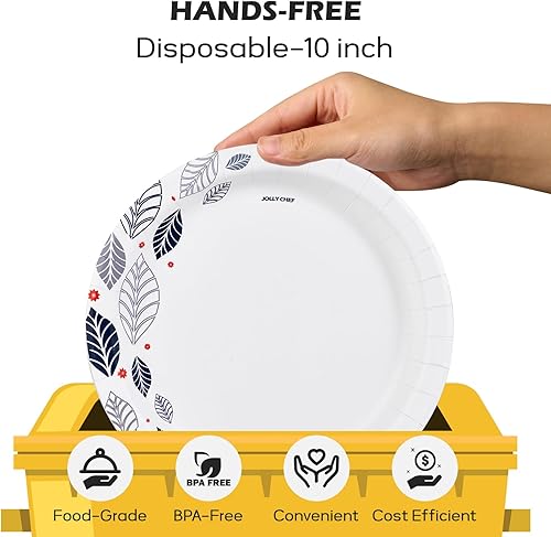 Miniatura 5 de JOLLY CHEF 140 platos de papel desechables de 10 pulgadas con hojas resistentes impresas y 160 cuencos de papel de 20 pulgadas, cuencos desechables