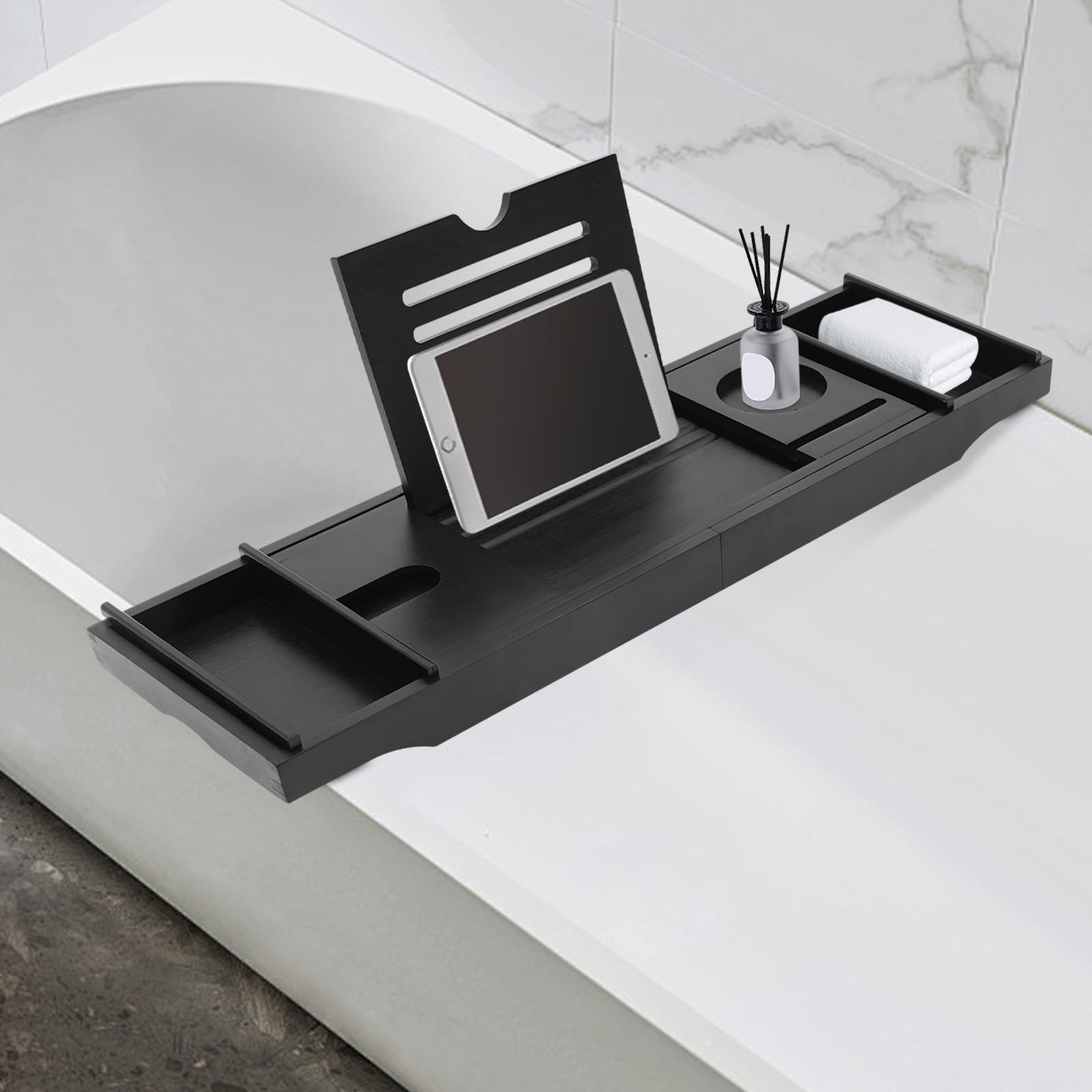Bandeja de baño de bambú expandible con ranuras de almacenamiento ajustable de 79 a 111 cm, accesorios de baño elegantes, se adapta a la mayoría de las bañeras, color negro, perfecto para una