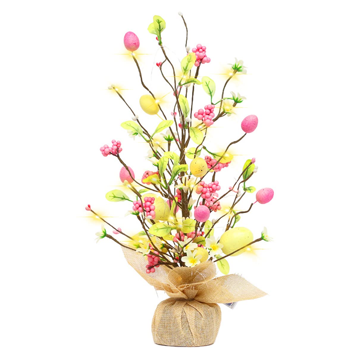 Easter Tree Decorations with Ledlight, Easter Egg Tree Ornament with Burlap Base Decorative Tree Table Centerpiece for Easter Table Decor Artificial Plants (Color 1)