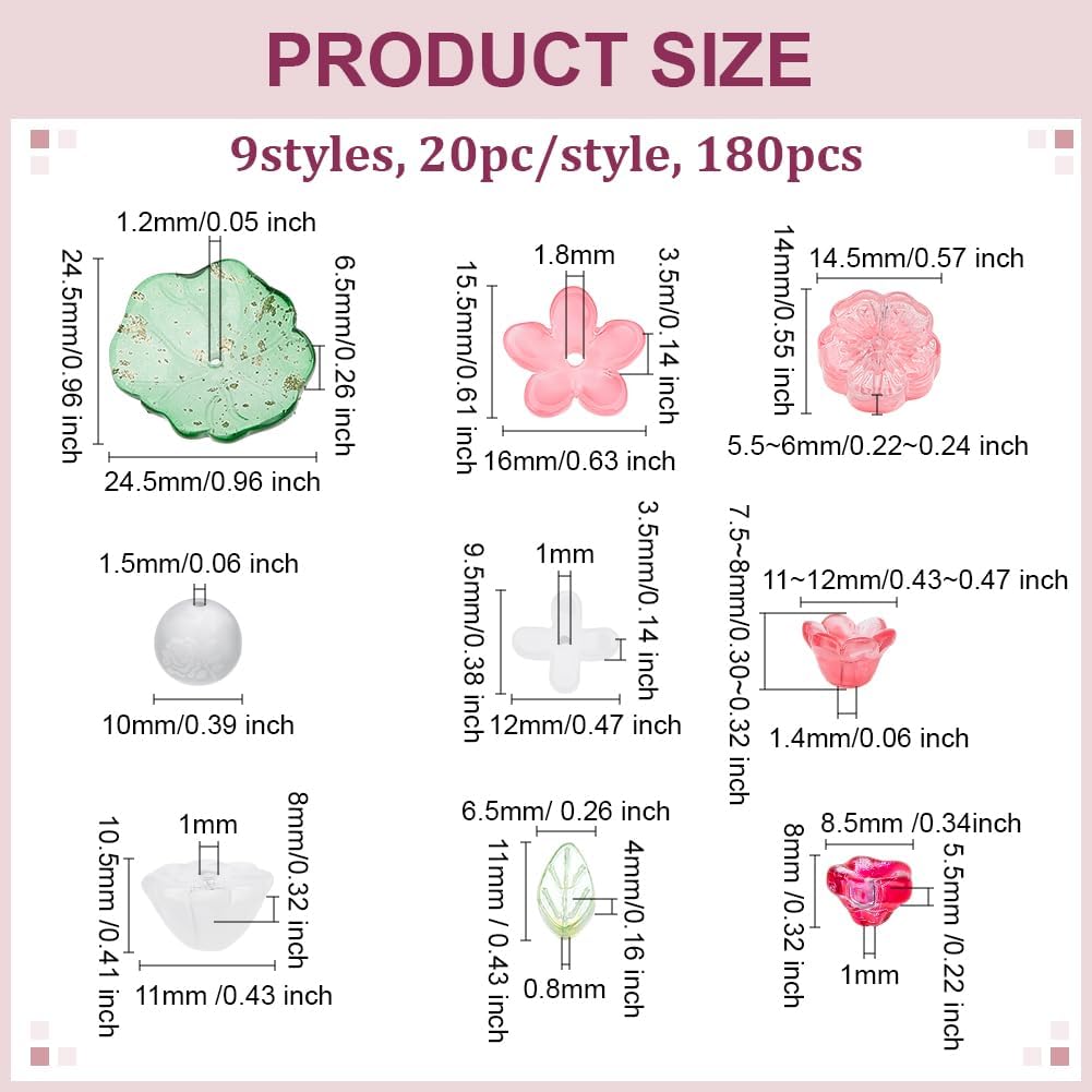 180Pcs Flower Leaf Beads 9 Styles Assorted Glass Mixed Shape Flower Beads Theme of Various Plants Glass Spacer Beads for Jewelry Making Crafts Bracelets Necklaces Pendants - Image 2