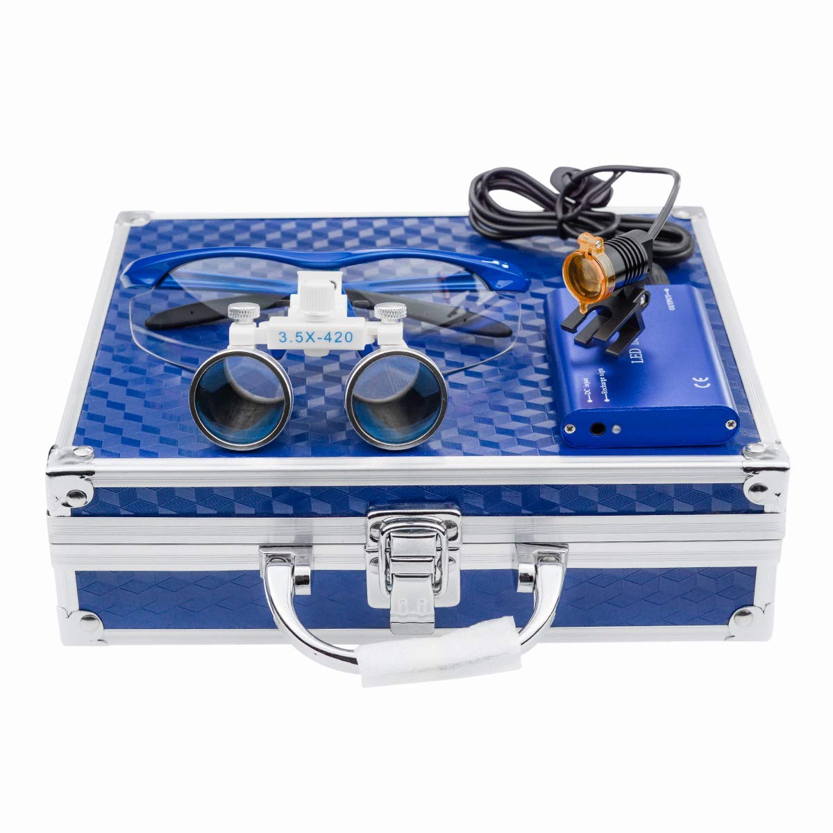 BONEW 3,5 x Dental-Fernglaslupe + 3 W LED-Scheinwerfer mit Filter + Aluminiumbox, Blau