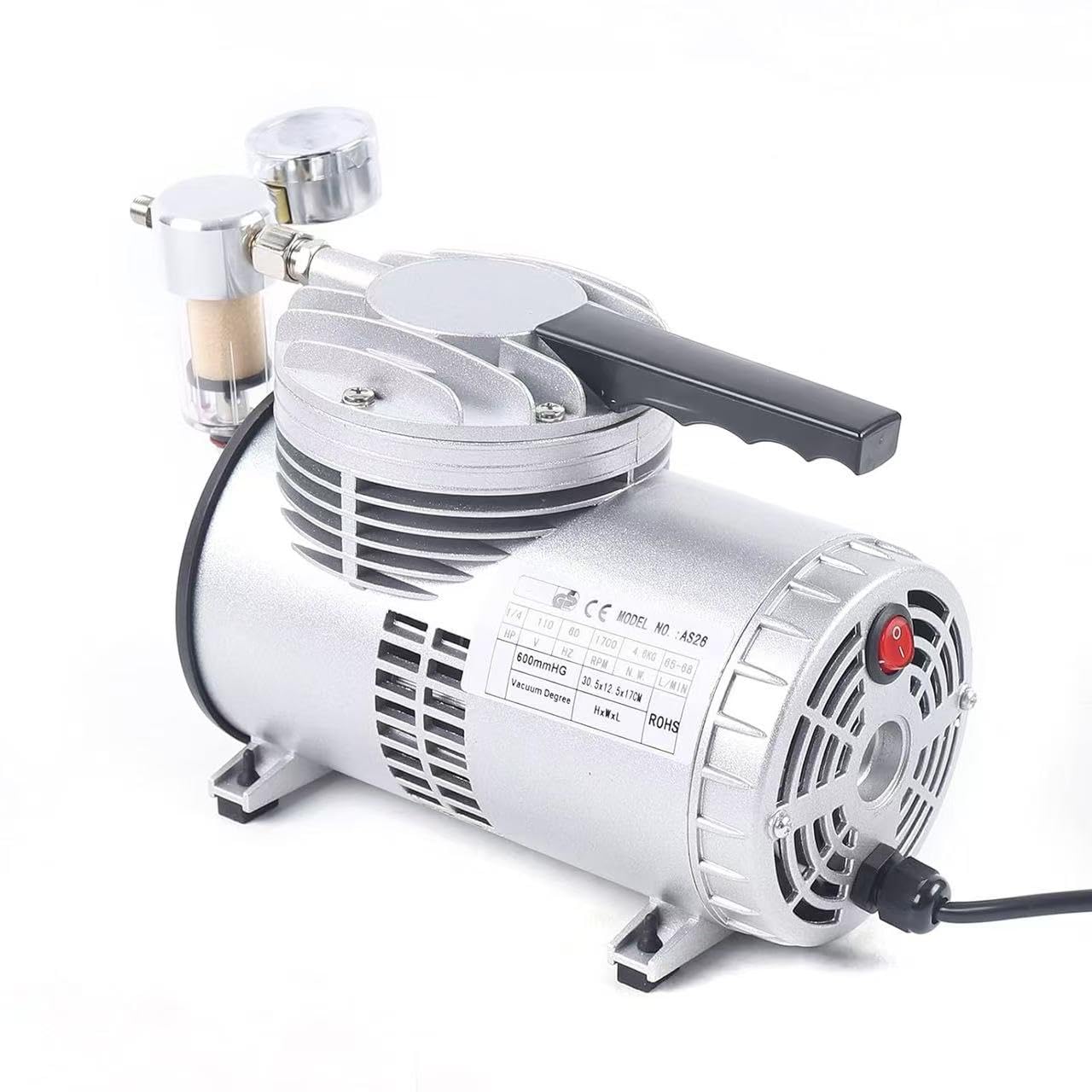 Pompa a vuoto oil-free 1/6HP, 20-23L/Min con manometro per imballaggi alimentari, aspirazione laboratorio, aria condizionata
