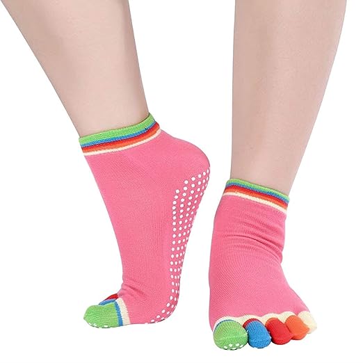 DealFry Five Finger Yoga Socks for Women/Men, Cotton Non-Slip Barre Socks with Grips/Straps Fitness Sock Shoes for Yoga, Barre, Pilates, Ballet, Dance, Workout (2 Pair Pack | Assorted) (Mix-10)