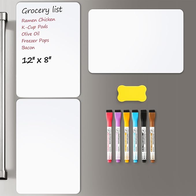 4 PACK Magnetic Dry Erase Board Sheet for Fridge, 12"x8" Erasable Refrigerator WhiteBoard w/ 6 Markers & 1 Eraser- Smooth and Flexible Small Magnet Blank Notepad for Home Kitchen Organizer and Planner