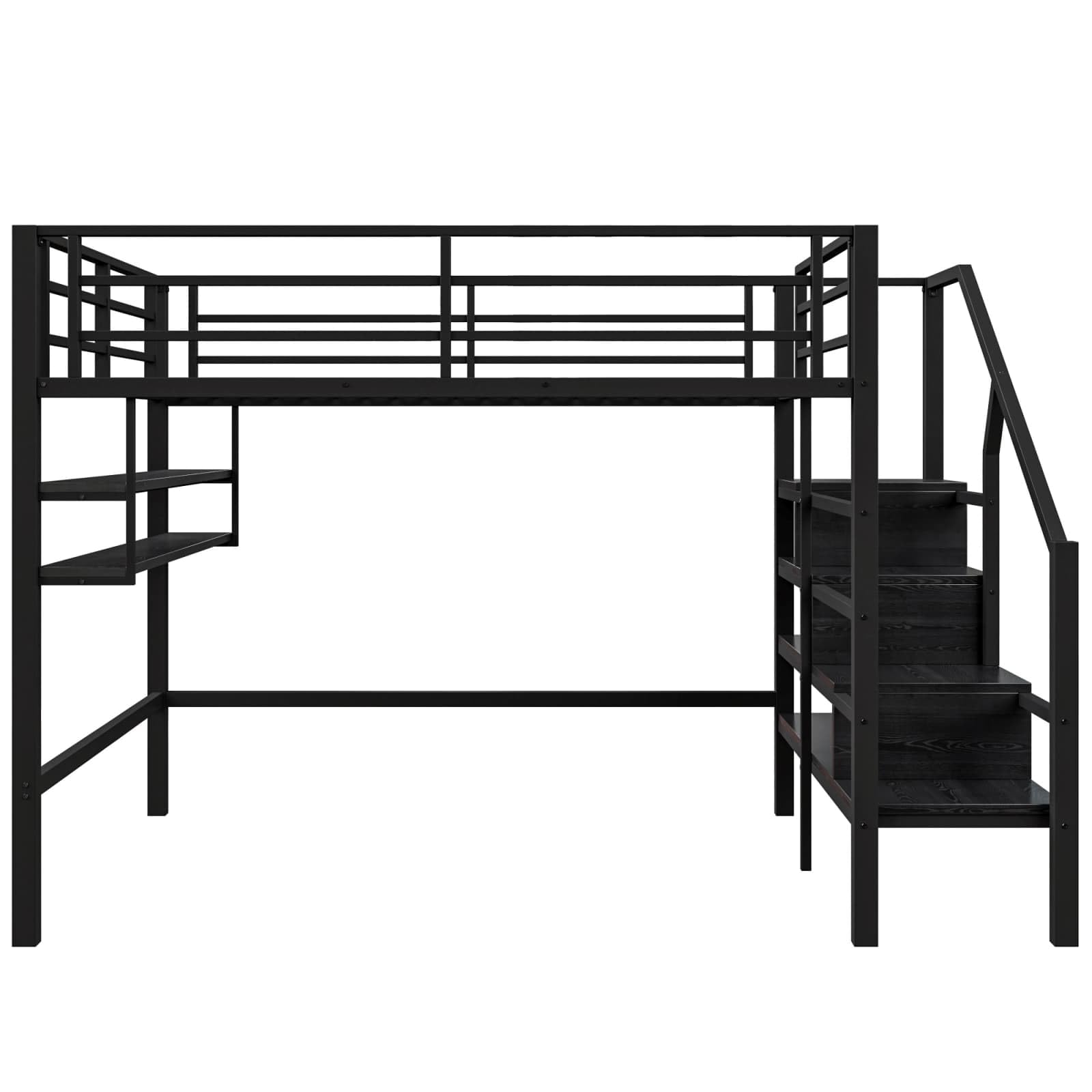 KOMHTOM Lit en Mezzanine Multifonctionnel, Lit Surélevé avec étagères et échelle de Rangement, Cadre en Fer(sans Matelas) (Noir, 140x200cm)