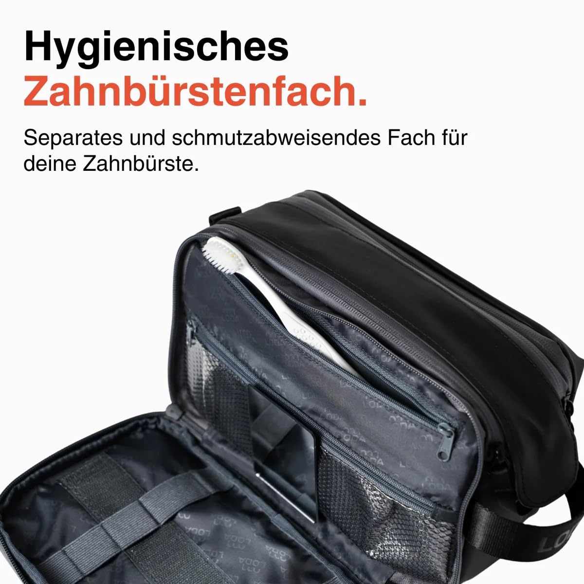 LODA Kulturbeutel 7L - Herausnehmbares Duschfach - Organisiertes Hauptfach | Wasserfestes Seitenfach – Integrierte Aufhängung – Aufklappbares Seitenfach – Spiegel – Hygienisches Zahnbürstenfach