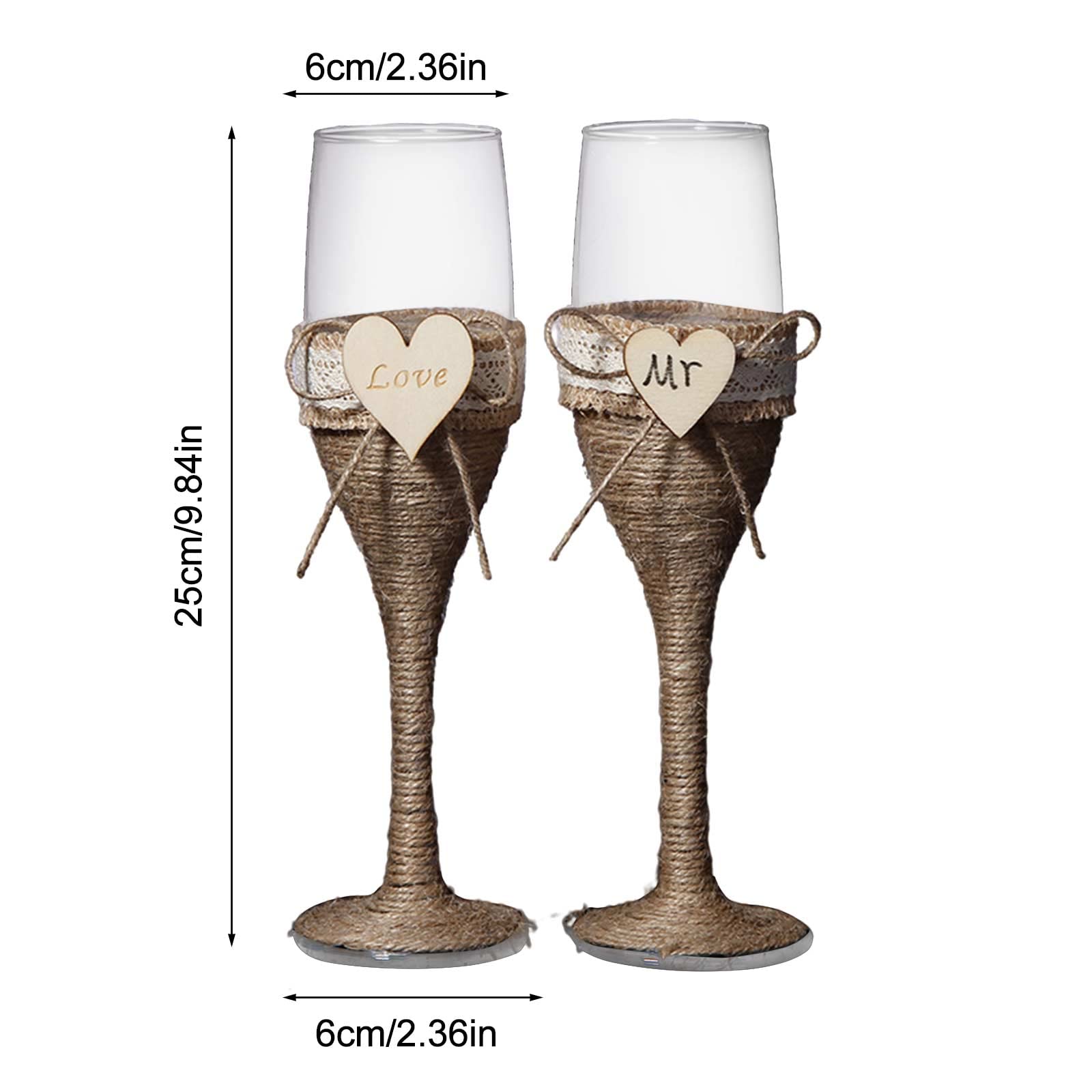 Set di 4 calici da champagne rustici per brindisi da sposa, sposi e sposi per matrimoni, champagne, spago di iuta naturale, decorazione per matrimoni