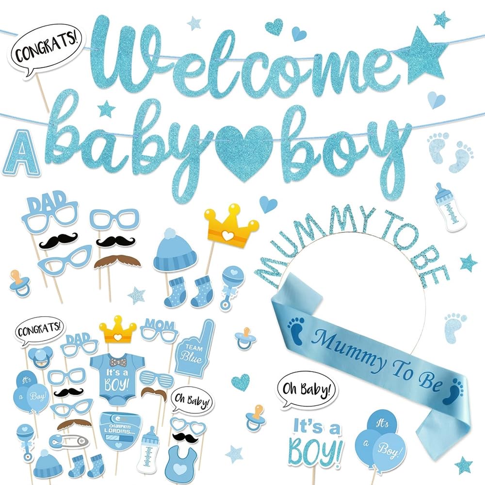 Baby Shower Decoration Set, Mummy to Be Satin Sash, Mummy to Be Headband, Welcome Banner and Photo Booth Props, Party Supplies for Baby Shower Celebration (Blue Baby Boy)