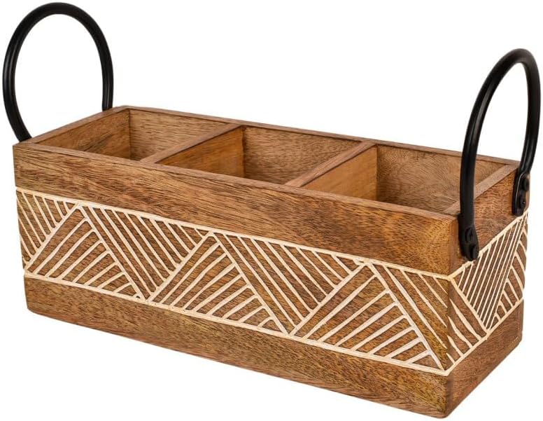 "Handcrafted Wooden Cutlery Spoon Holder - 3 Compartment Large Organizer with Iron Handles - Rustic Brown, 11 x 4 x 4 Inches