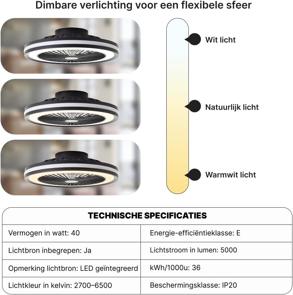 Dimmable lighting options for the Brilliant Palmero Ceiling Fan, showing white light, natural light, and warm white light settings.