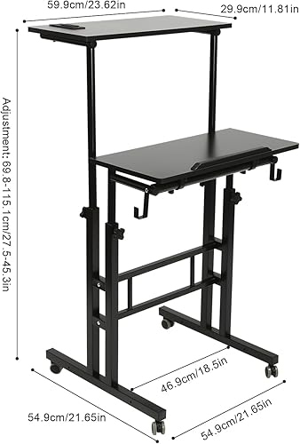 Miniatura 7 de Escritorio móvil de pie para computadora, estación de trabajo con ruedas universales, altura ajustable, doble panel inclinable, carrito de