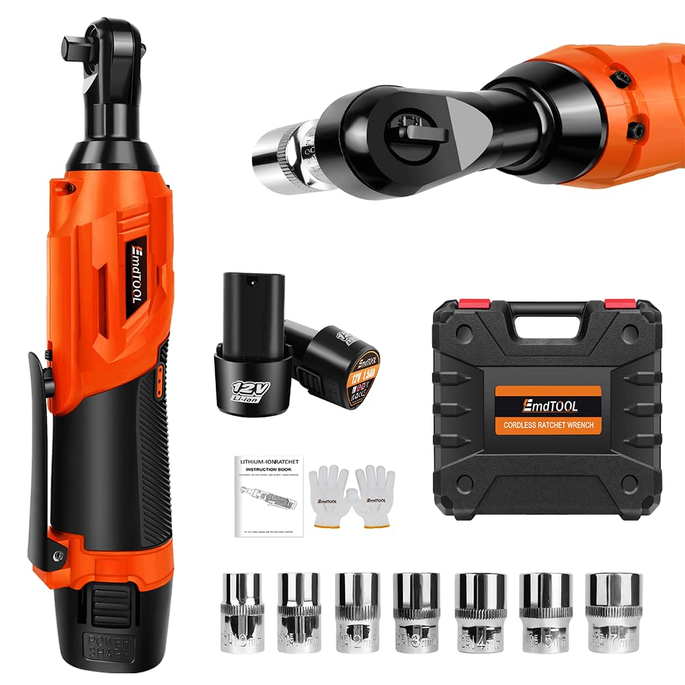 YouseaHome 3/8” Electric Cordless Ratchet Wrench Set Orange, 12V Power Wrench Tool Kit with 2 Packs Batteries, 40Nm Cordless Ratchet Wrench 90° Angle Wrench, LED Work Light, 7 Sockets Set