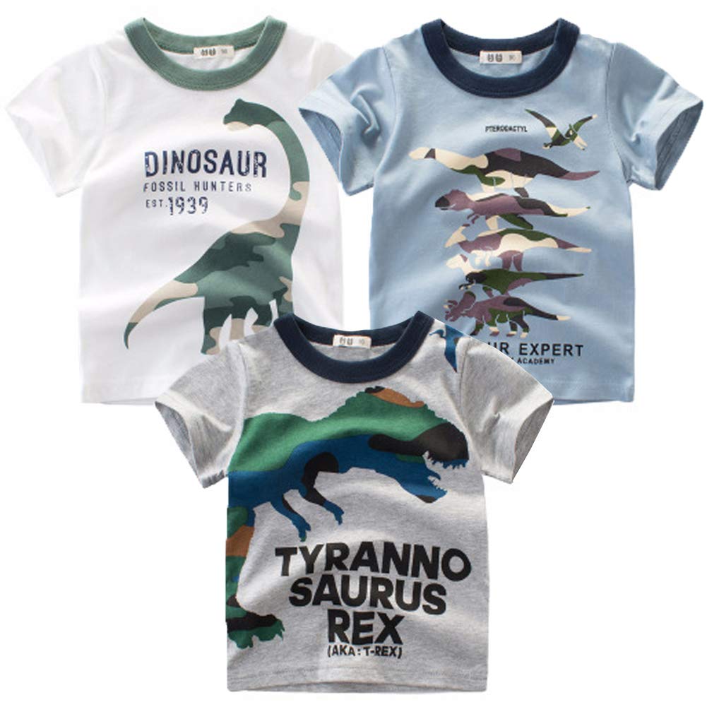 Boys T-Shirts Short Sleeve Summer Tops Toddler Dinosaur Car Excavator Tees 3-Pack for 1-6 Years