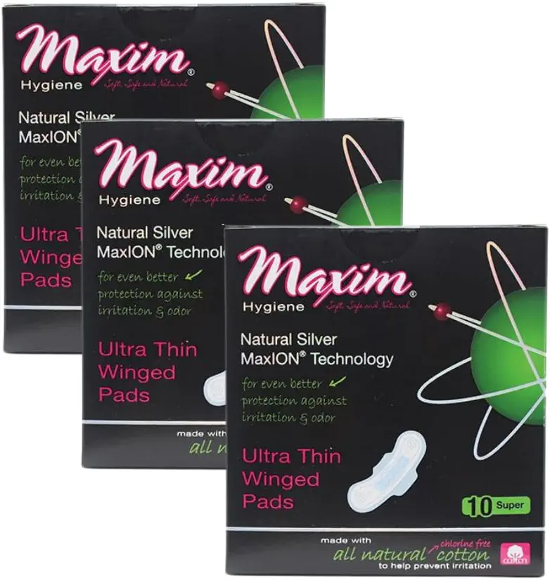 Maxim MaxION Cotton Pads Super Absorbancy, 30ct, 100% Cotton, Winged Menstrual Pads for Women, Organic Cotton Pads, Eco Friendly, 3 Packs of 10 (Super (3 pk))