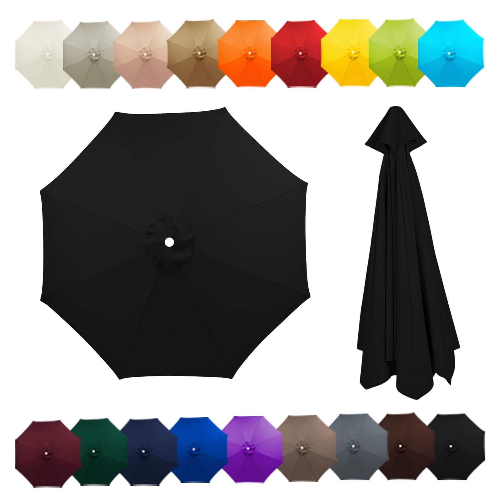 Outdoor Patio Umbrella Replacement Canopy For 6 Ribs/8 Ribs, Replacement Parasol Cover, Table Market Yard Umbrella Top, Sun Shade Accessory(Black,9FT/2.70M-6Ribs)