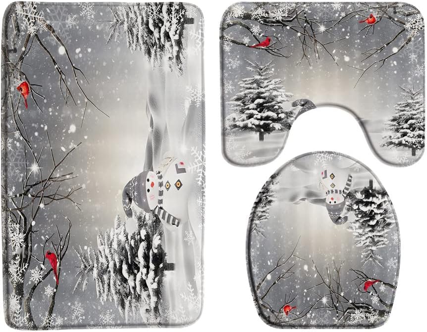 GCTNBJL 3 Piece Christmas Bath Mat Sets Cute Snowman Red Birds Xmas Pine Tree Snowflake Gray Sky Nature Scenery Rustic Winter Holiday Bathroom Doormat Rugs, Toilet Seat Cover, U-Shaped Mat