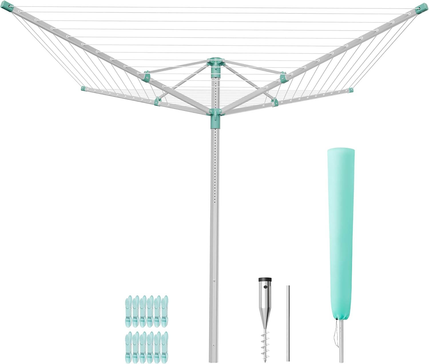SONGMICS Wäschespinne, Wäscheständer höhenverstellbar, Aluminiumlegierung, draußen, mit Bodenanker, Schutzhülle, Wäscheklammern, silbern-grün, 60 m Wäscheleine, für 6 Waschladungen LLR302E01V1