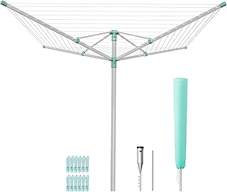 stendino lidl 3 SONGMICS Stendibiancheria a Ombrello, Stendino da Esterno, Altezza Regolabile, Lega di Alluminio, Ancoraggio al Suolo, con Copertura, Clip, Argento e Verde, 60 m di Filo, per 6 Lavaggi LLR302E01V1