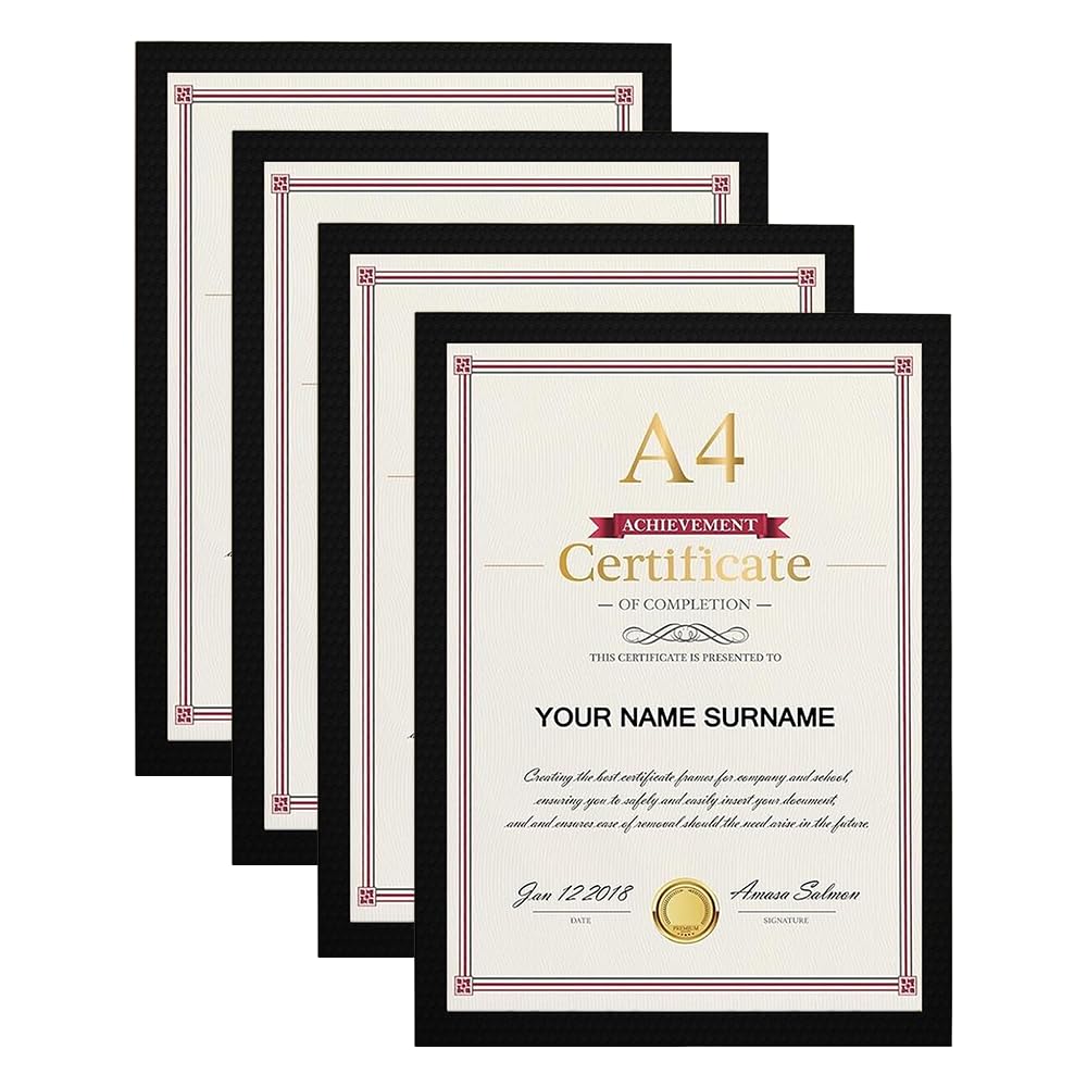 Home Stuff Black A4 Poster Frame Pack Of 4, Wood Document Frame For Wall Or Table, 21X29.7cm (Black)