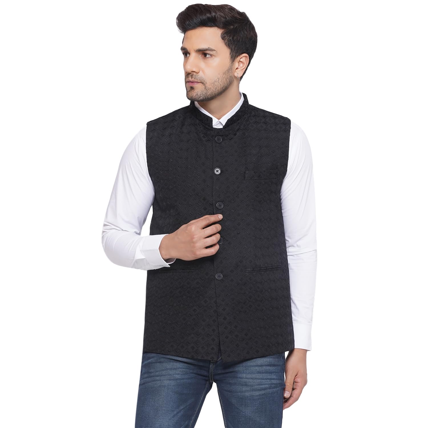 Rayon Sequence Nehru Jacket for Men (Black)-image-29