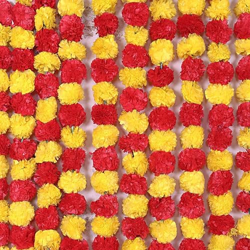 5pcs Artificial Yellow & Pink Marigold Fake Flower Garlands 5 Feet Long, Phool mala for Parties, Weddings, Indian Theme Decorations, Home Decoration, Photo Prop, Diwali, Indian Festival