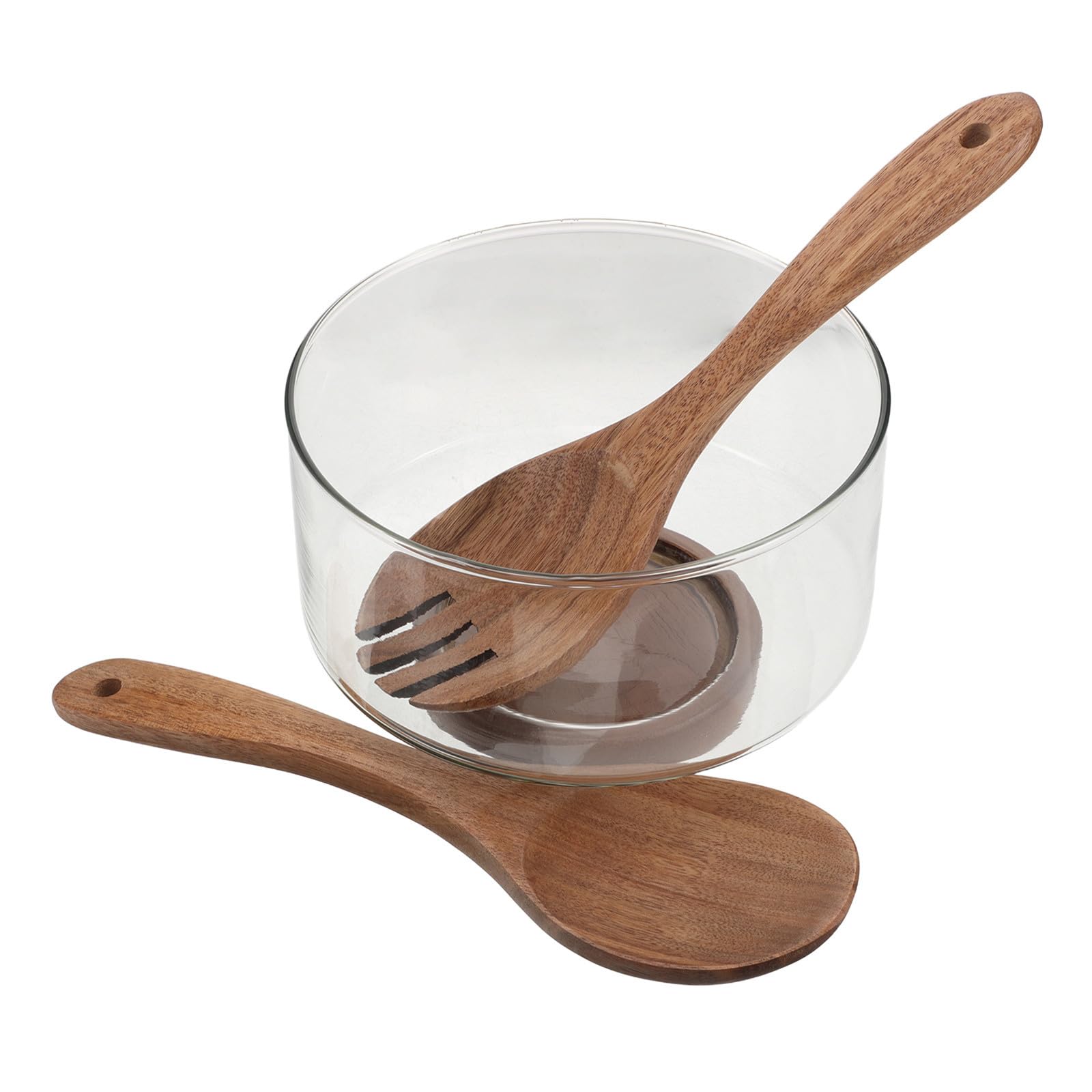 INOOMP Bol de Ensalada de Vidrio con Agarre Cómodo con Base de Madera Estable y Diseño Redondeado de 1.7l para Servir Platos Fríos o Calientes
