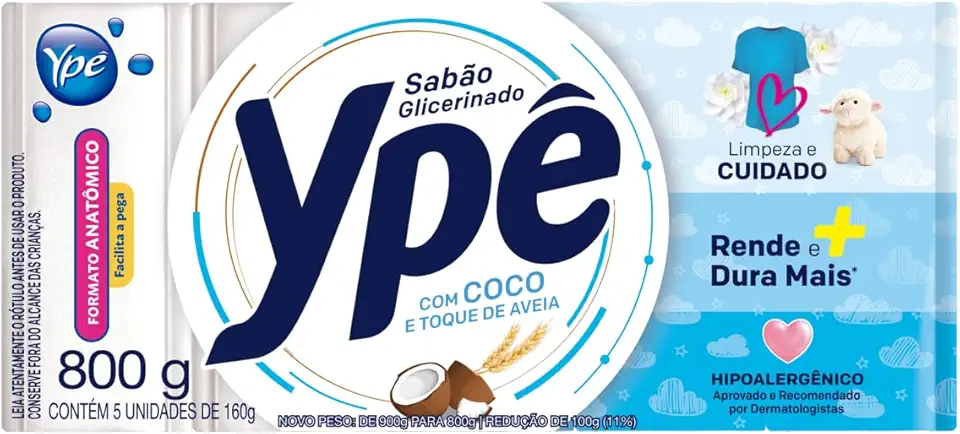 Ypê Sabão em Barra Coco e Aveia 900g - 5 unidades de 160g