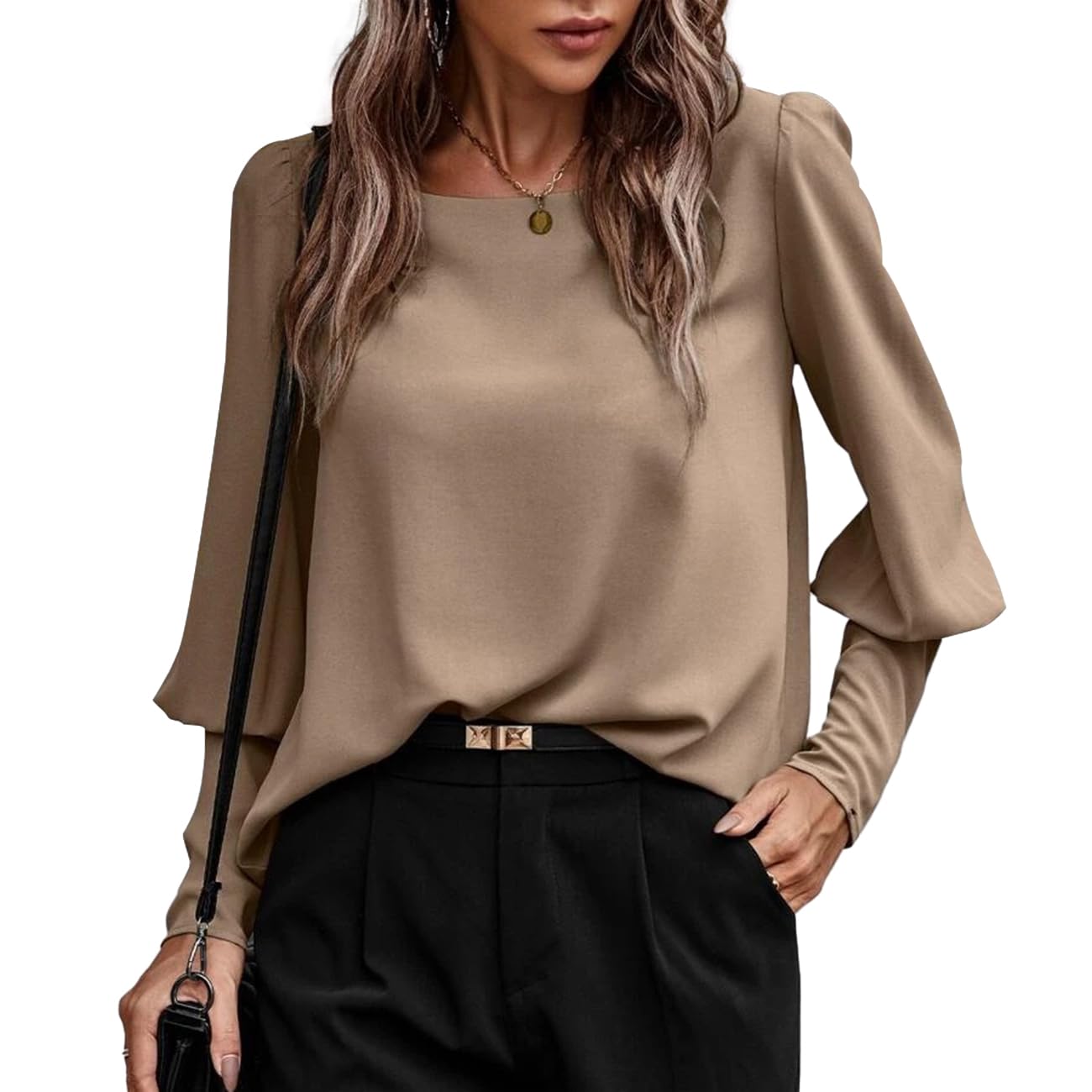 KONFEN Camiseta de Manga Larga Mujer, Blusa Camisa Cuello Redondo Botón Tops con Mangas Farol, Cuello Cuadrado Calados Tops Camisetas Elegante Shirts para Otoño Invierno Primavera, Marrón/Negro/Verde