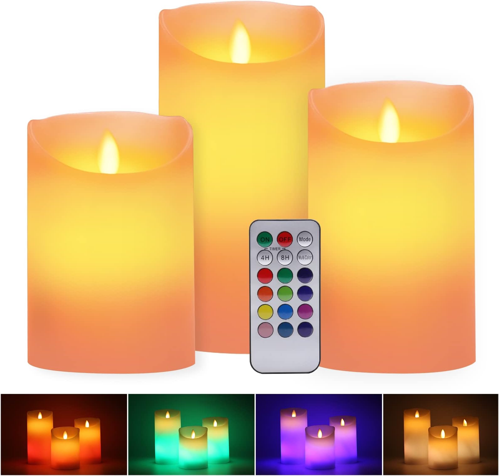 Multicolor Flameless Candles Light,LUXONIC 3 Set Real Wax Battery