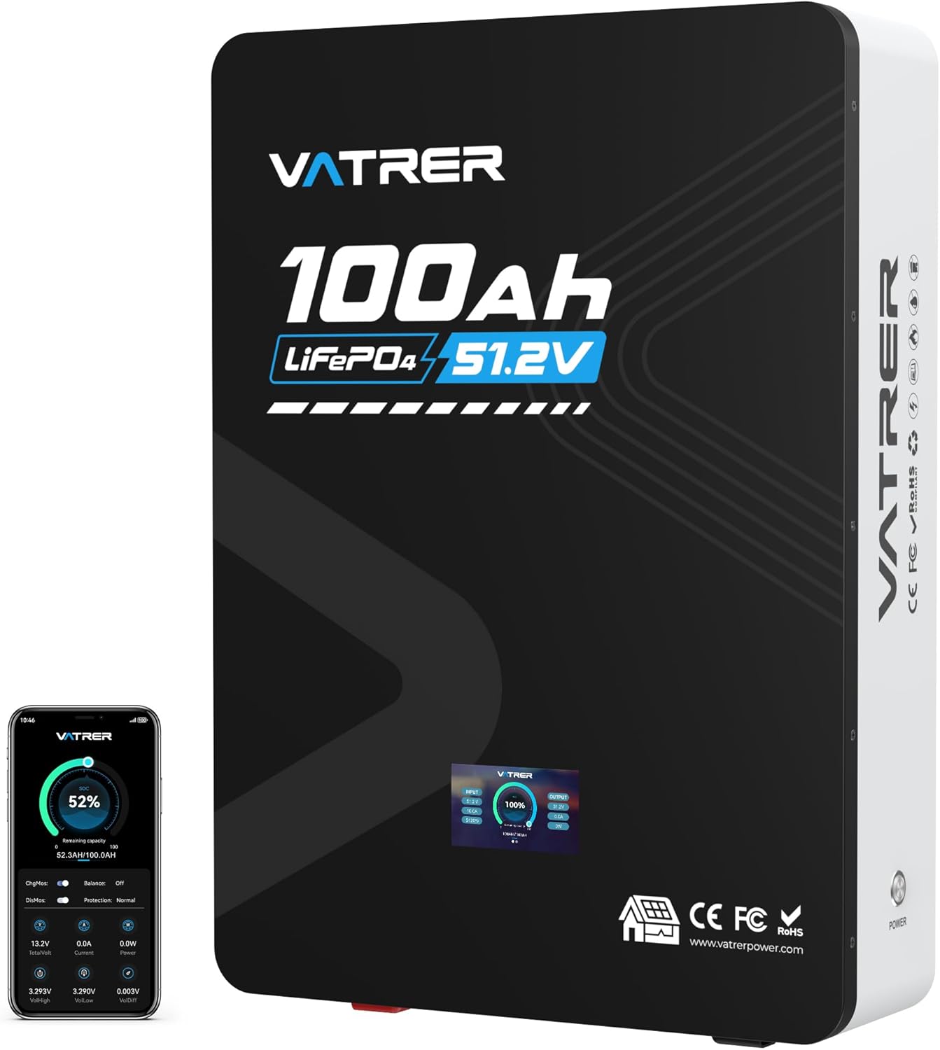 VATRER POWER 48V 100AH LiFePO4 Battery, 5.12kWh Grade A Cells Wall Mounted Lithium Battery with 100A BMS & LED Monitor, Up to 6000+ Deep Cycle &10-Year Lifetime for Off-Grid, Energy Storage System