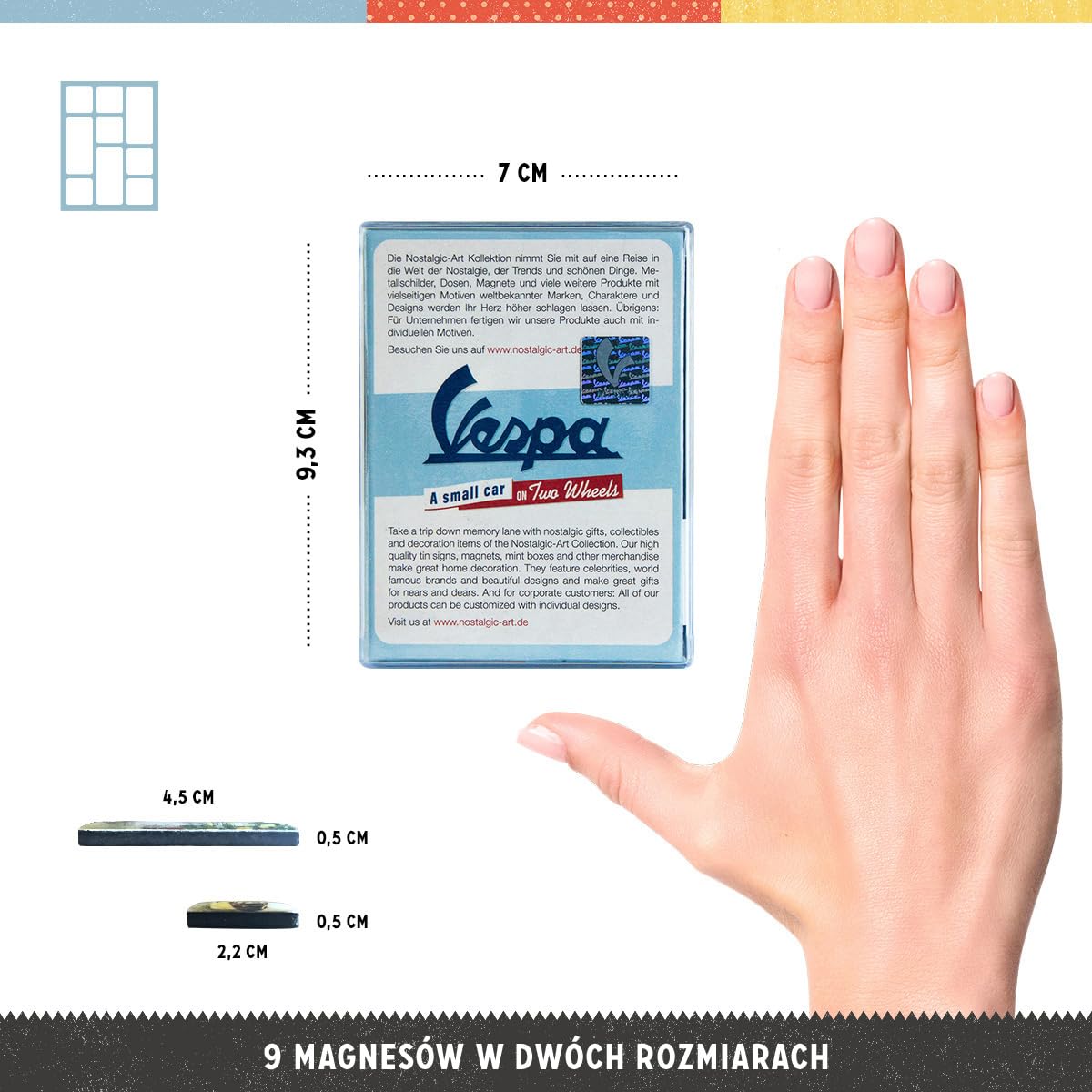 Nostalgic-Art Retro magnesy na lodówkę, 9 sztuk, Vespa – Model Chart – Pomysł na prezent dla miłośników skuterów, Official License Product (OLP), zestaw magnesów, Styl vintage
