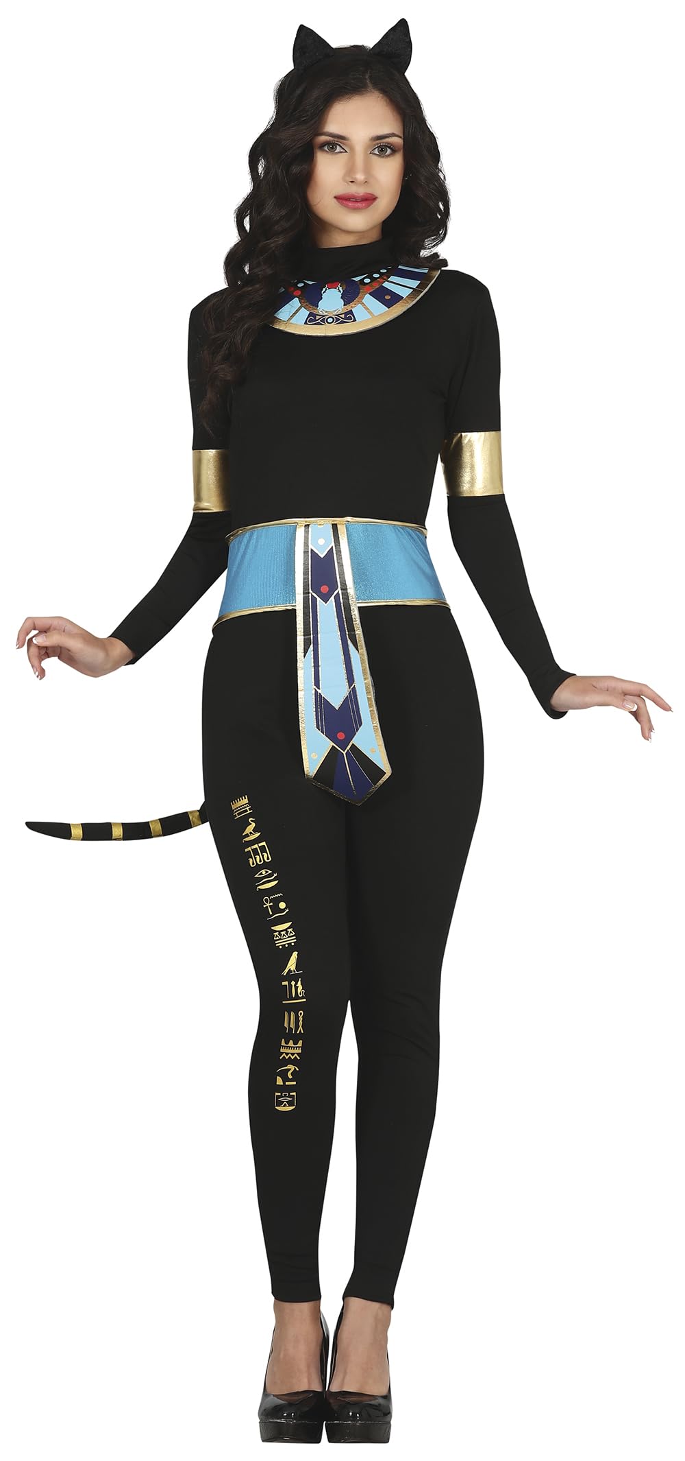 FIESTAS GUIRCA Egyptian Cat Fancy Dress Costume - Historical Costume with Black Cat Headband and Cleopatra Jumpsuit for Ladies Size M