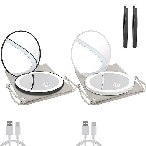 Milishow Espejo compacto de 2 piezas con luz LED, espejo recargable de aumento 1x10x, espejo de bolsillo de 3.5 pulgadas, espejo de viaje regulable