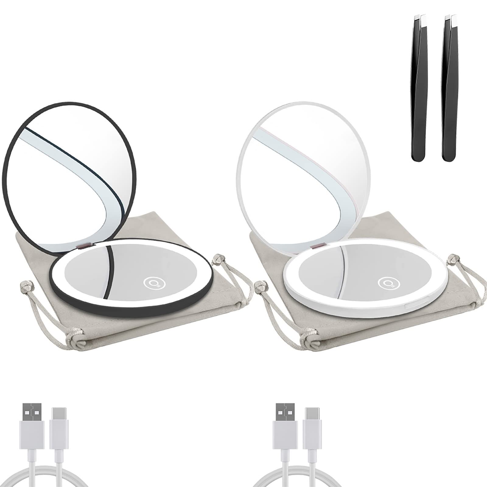 Compact Mirror with LED Light- 1x/10x Magnifying Rechargeable Mirror- 3.5in Dimmable Travel Mirror- for Purse-Pocket-Handheld 2-Sided Makeup Mirror(Black+White)