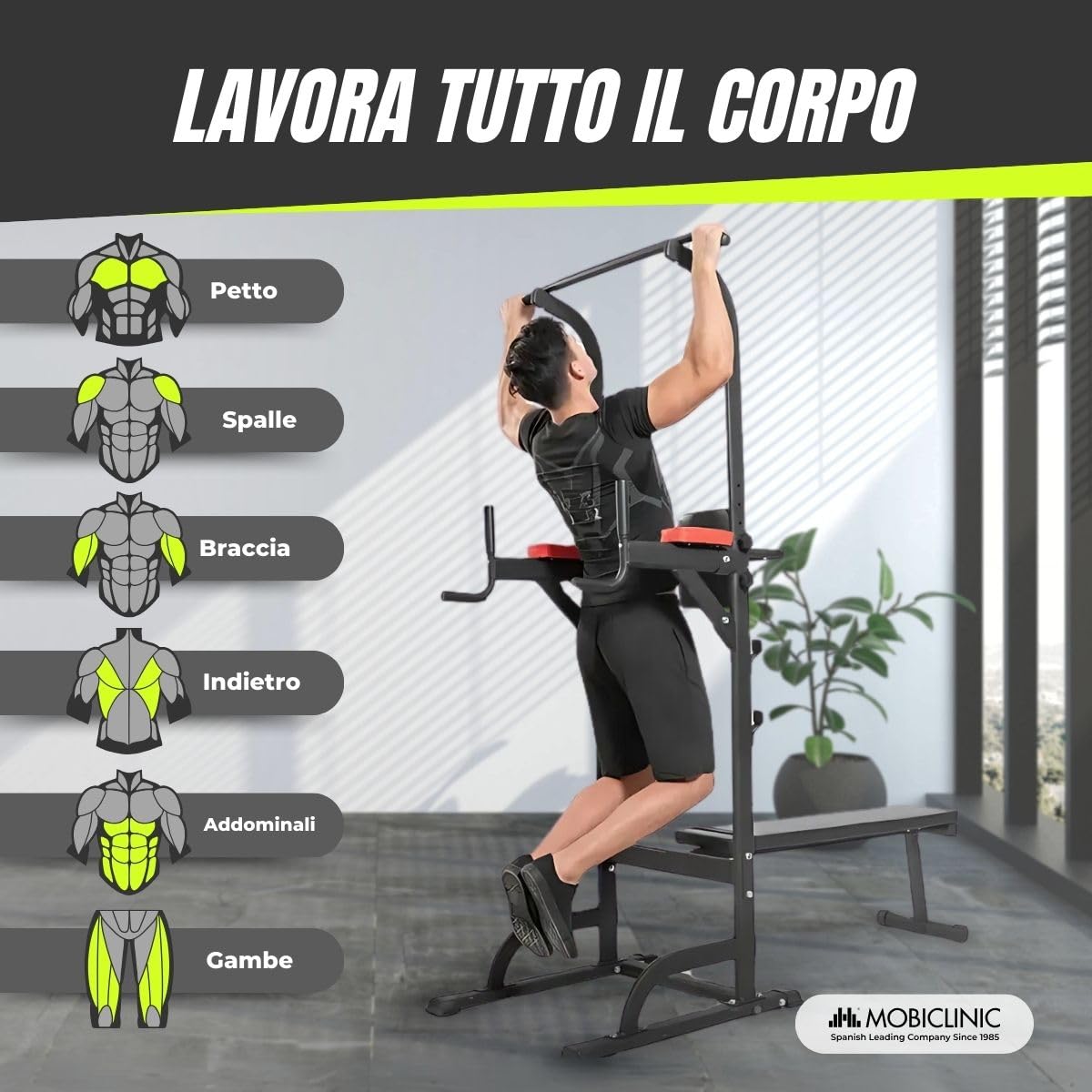 Mobiclinic® Fitness, Stazione per Esercizi, 9 in 1, Domifit, 8 Altezze Regolabili, Panca reclinabile, Multifunzionale, Antiscivolo, Imbottita