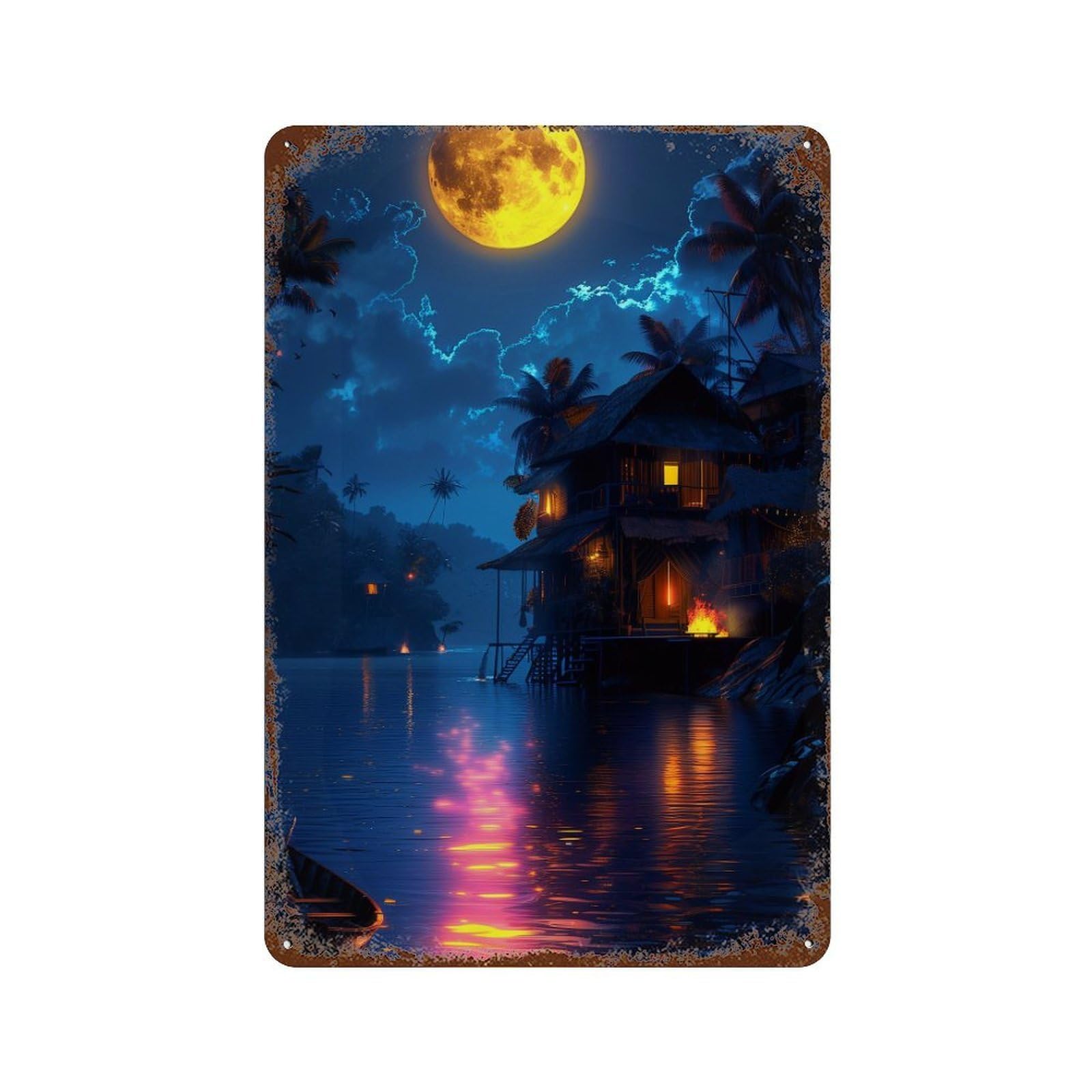 Moonlit Riverfront Retreat 11.8"x7.9" Rust Effect Tin Sign, Old School Wall Decor for Pub, Kitchen And Man Cave Decor