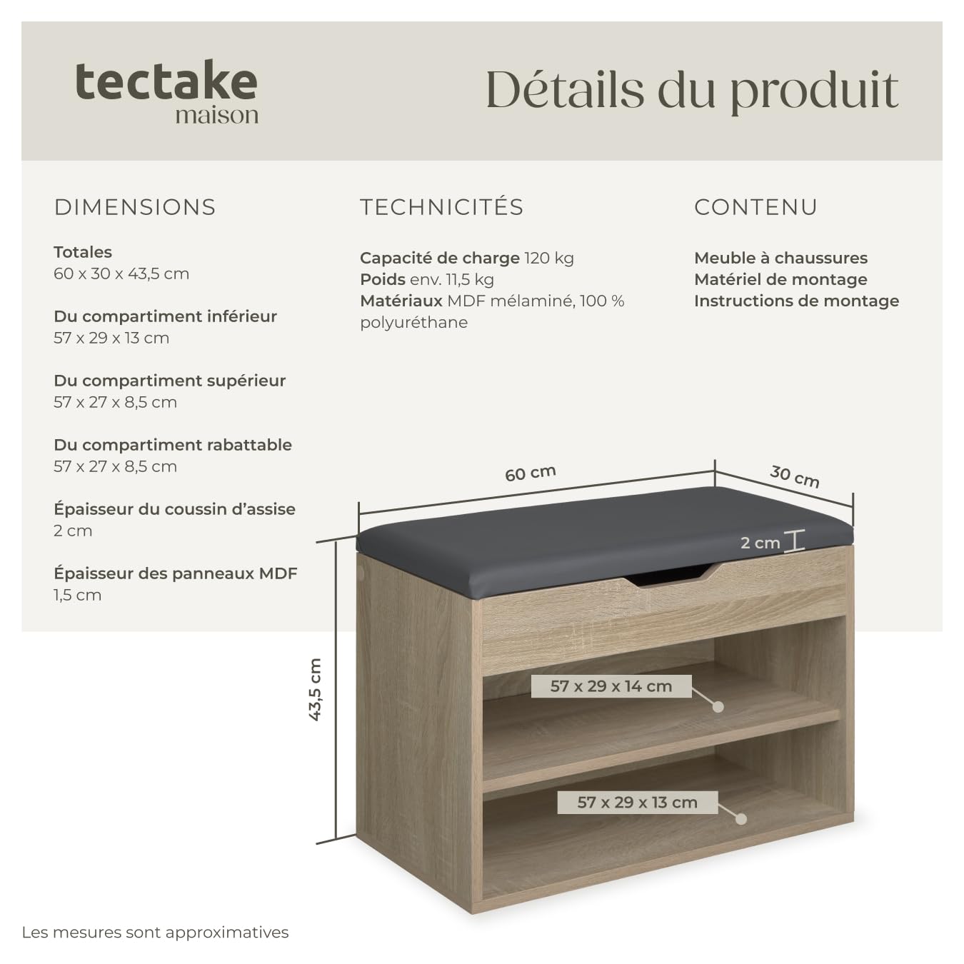 TecTake® Meuble Chaussures Meuble de Rangement Moderne Meuble d'entrée pour Max. 6 Paires 60x30x43,5 cm, Rangement Chaussures Gain de Place idéal Entrée, Chambre, Dressing Rangement Chaussure