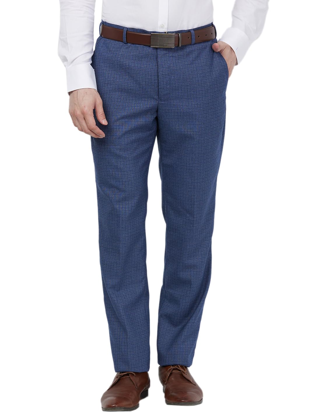 Men Regular Fit Checks Pattern Polyester Blend Flat Front Formal Trouser Blue-image-35