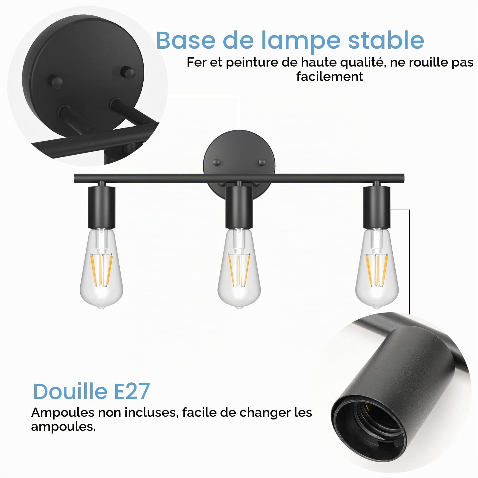 Klighten Lampe Miroir Salle de Bain Vintage 3 Lumières Applique Murale en Métal Noir Intérieure Miroir lumière Salle de Bain, Longueur: 48cm / 18.9 pouces, Douille E27, Ampoule non Incluse
