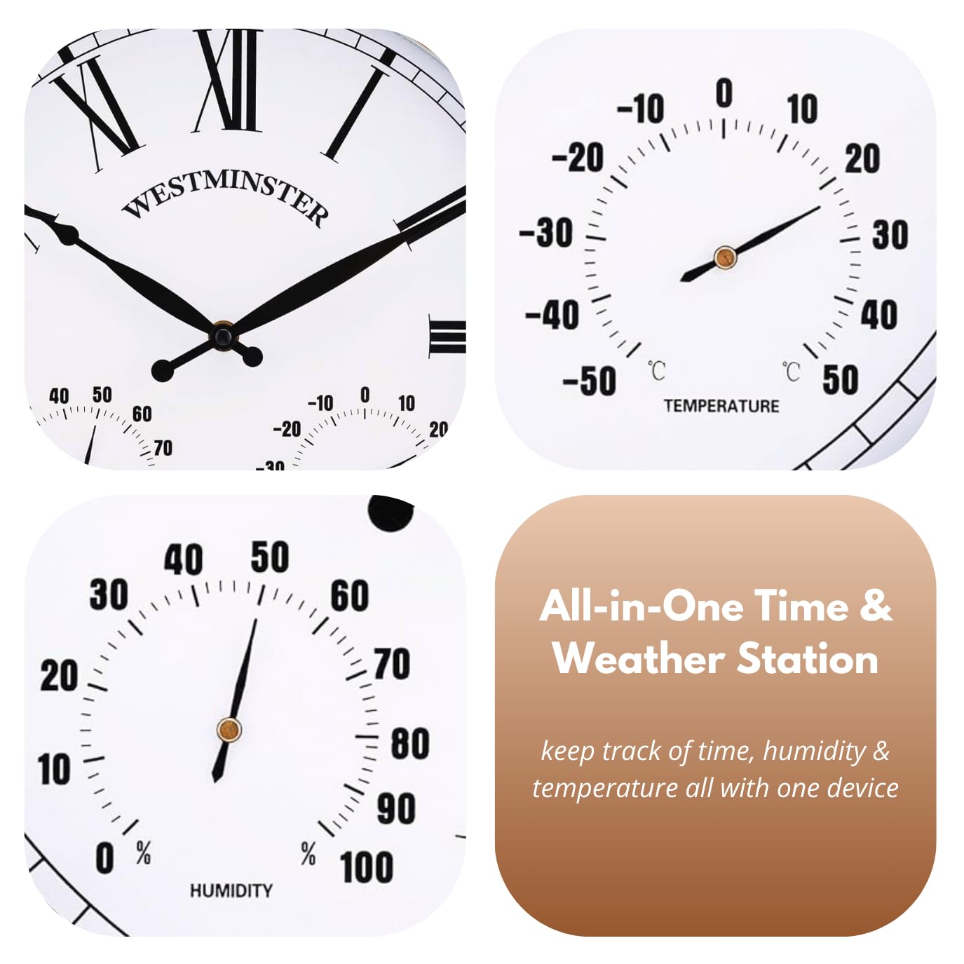 Homezone Grande Orologio da Parete in Rame 38,1 cm con Termometro Barometro Stazione Meteo Resistente alle Intemperie