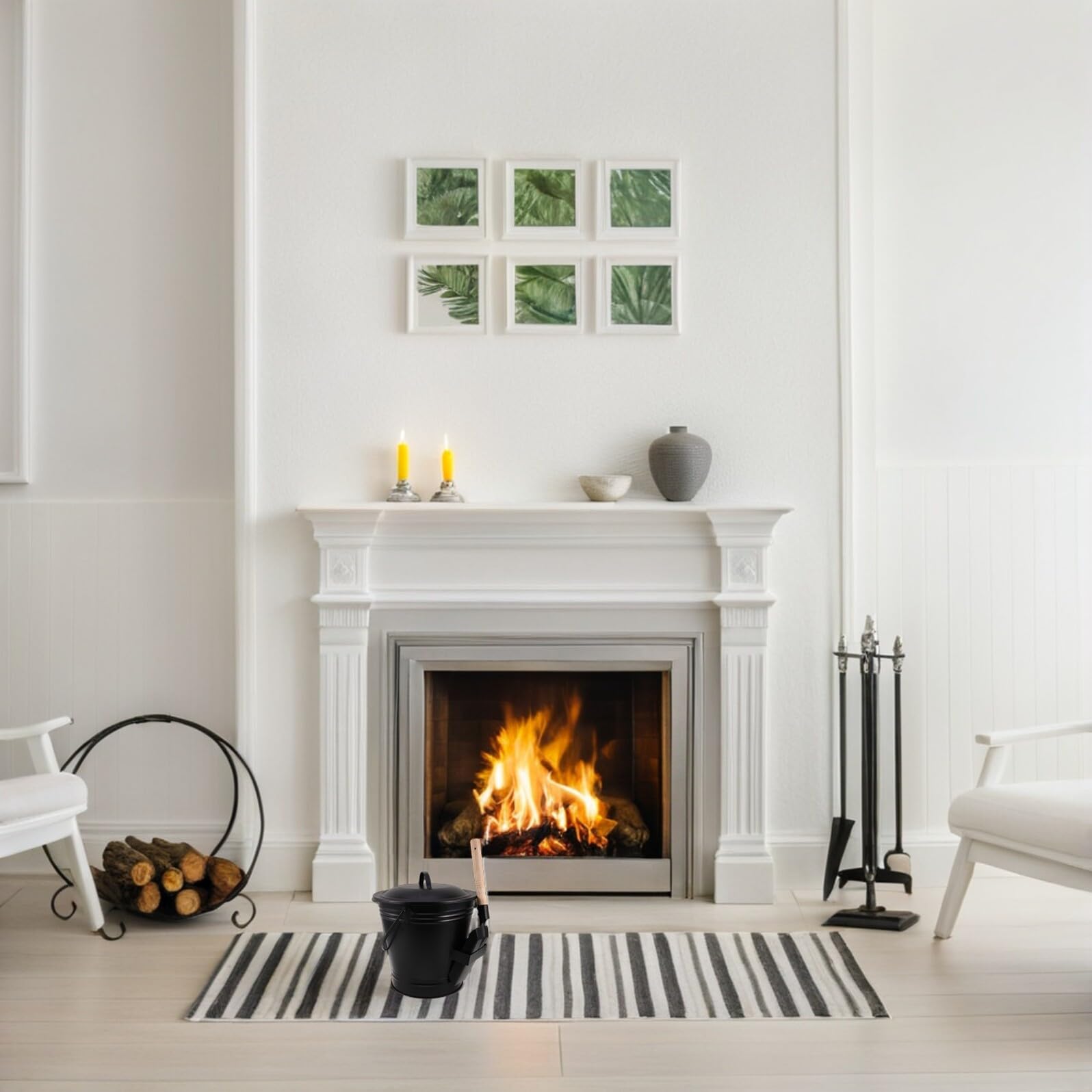 Set Secchio per Cenere in Metallo Nero con Coperchio e Pala Resistente al Calore, Contenitore ad Alta Capacità per Braciere e Stufa a Legna, Attrezzi per Caminetto per Uso Interno