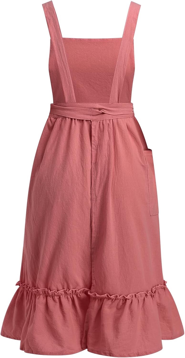 Vintage Cotton Linen Pinafore Apron Dress for Women with Pockets Cute Chef Ruffle Aprons for Cooking Kitchen Baking Gardening